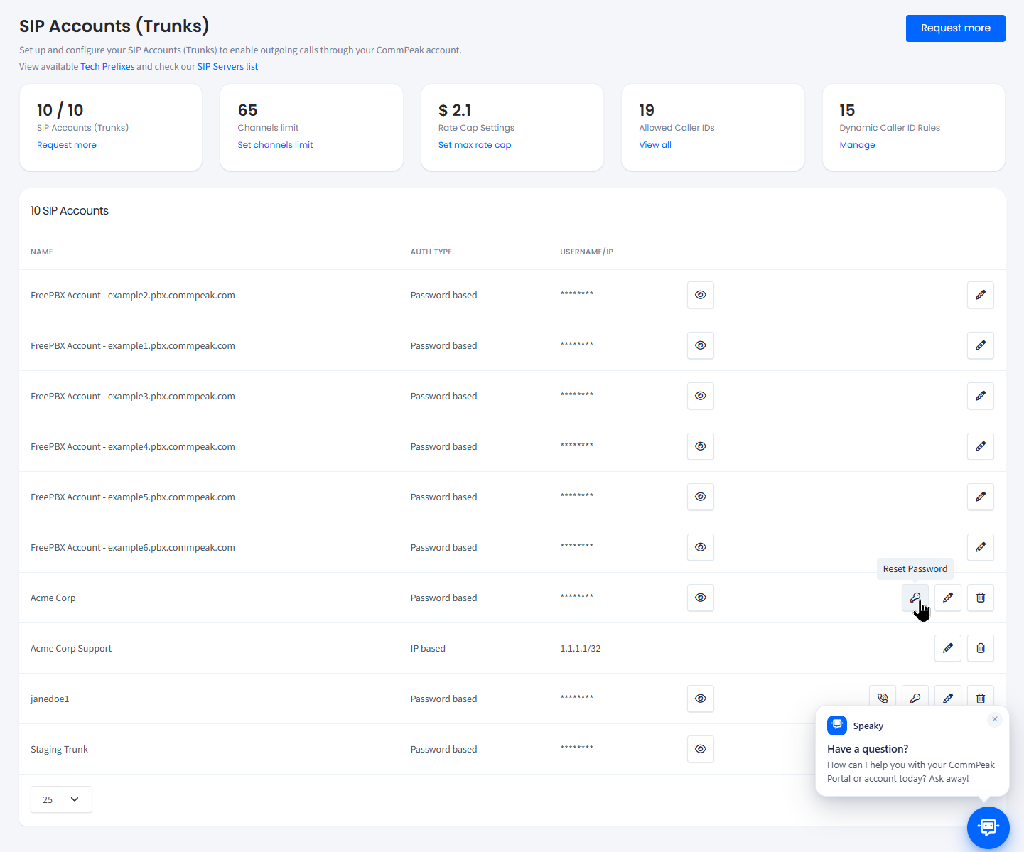 Screenshot of the SIP Accounts (Trunks) page
