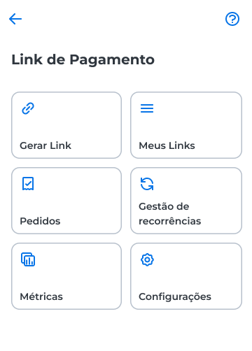 Opções do menu Link de Pagamento, com Gestão de recorrências entre elas