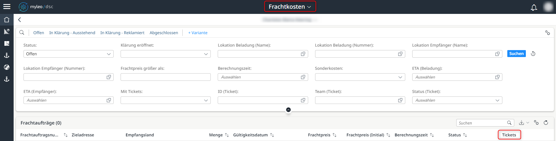 Einem Frachtauftrag zugehörige Tickets anzeigen