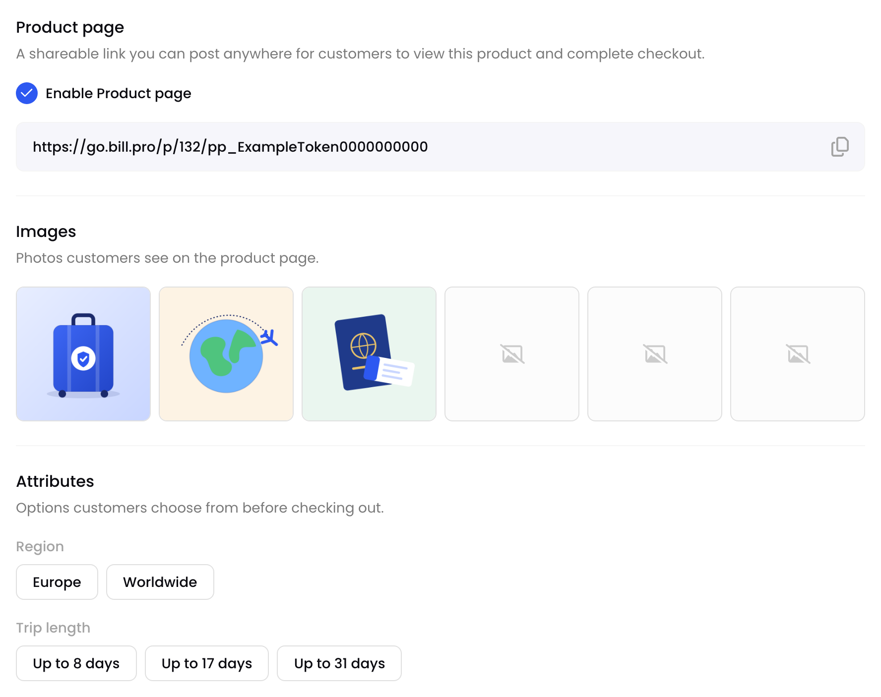 The Product page section of a product, with the link, images and attributes
