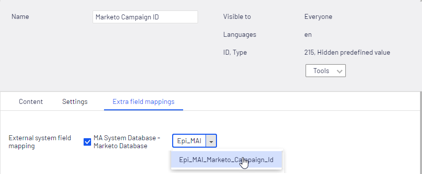 Screenshot of the Extra field mappings tab where mapping the hidden field to Marketo-Campaign_Id