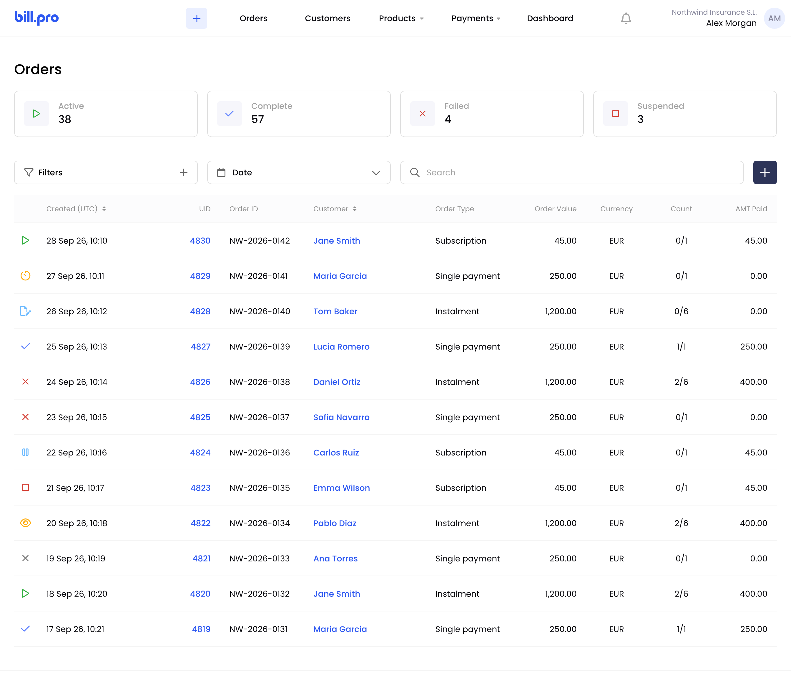 The Orders list with order statuses and amounts