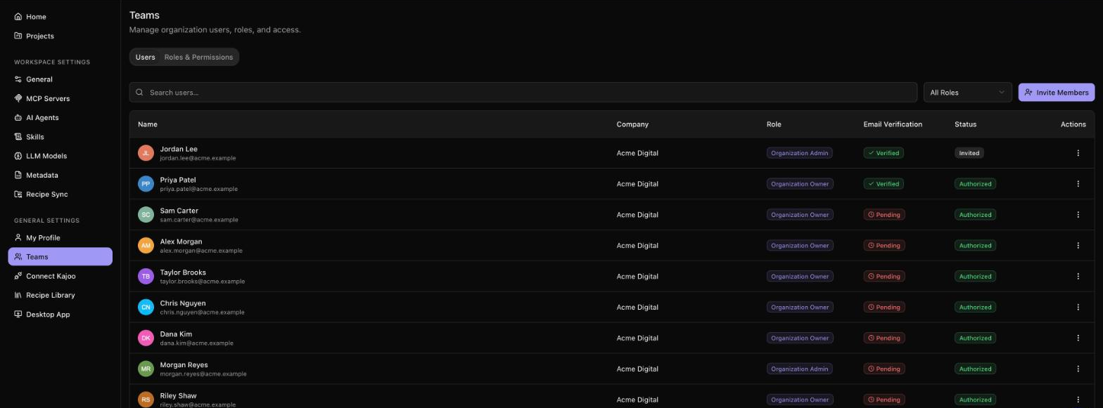 The Teams page, Users tab, with each person's role, email verification and status