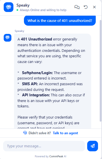 Screenshot of messaging in the CommPeak Help and Support Dialog Box