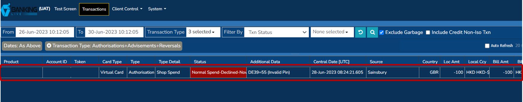 Transaction screen: decline - invalid PIN