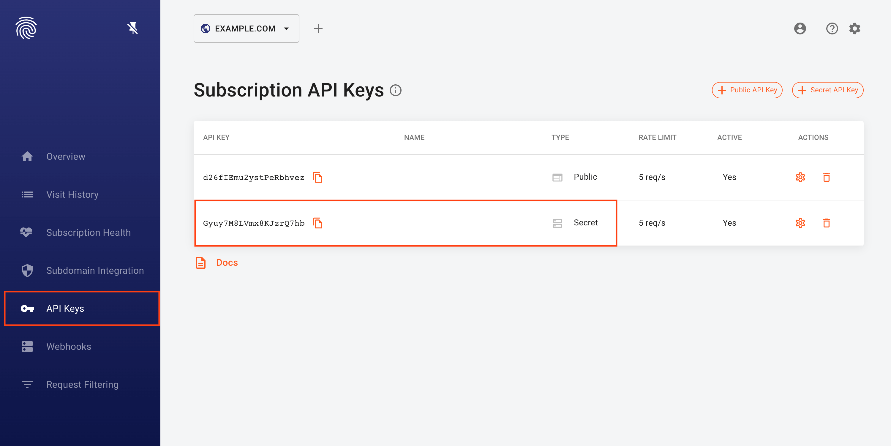 Screenshot of API keys in the FingerprintJS dashboard