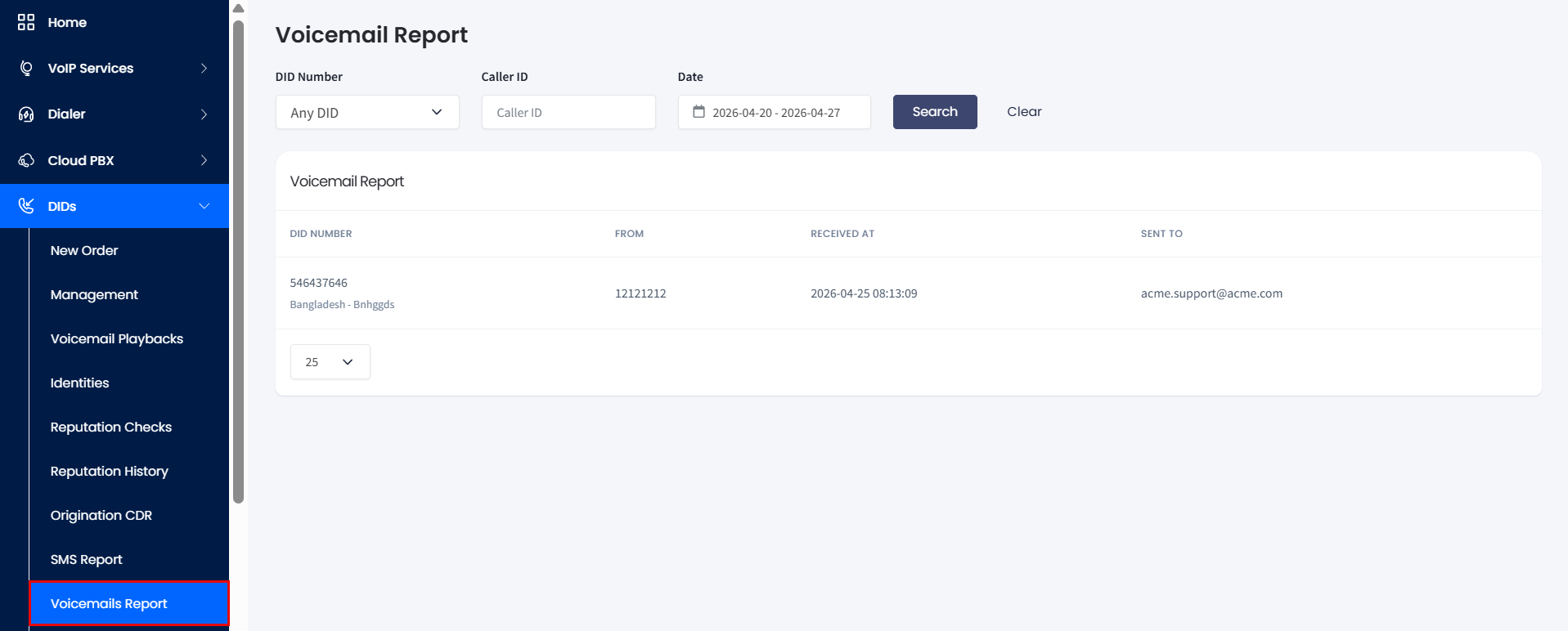 Screenshot with the Voicemail Report page