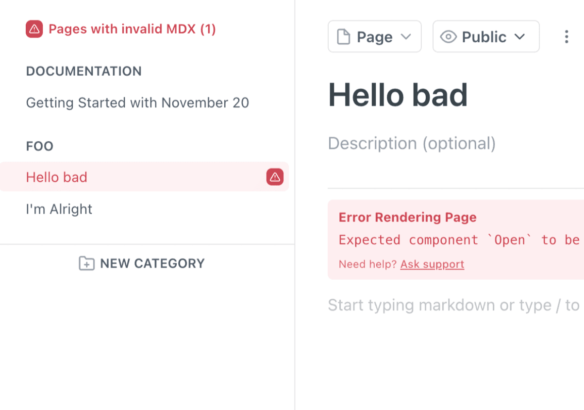 ReadMe Guides UI showing MDX errors in the navigation, page, and Markdown editor