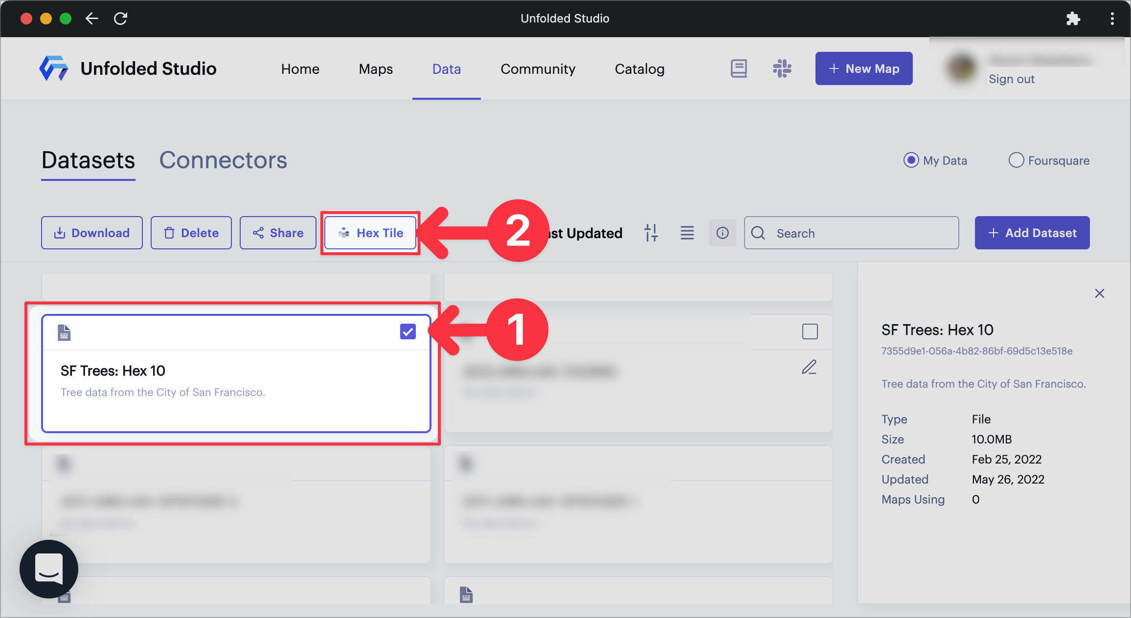 Selecting the "SF Trees: Hex 10" dataset to be transformed into Hex Tile.