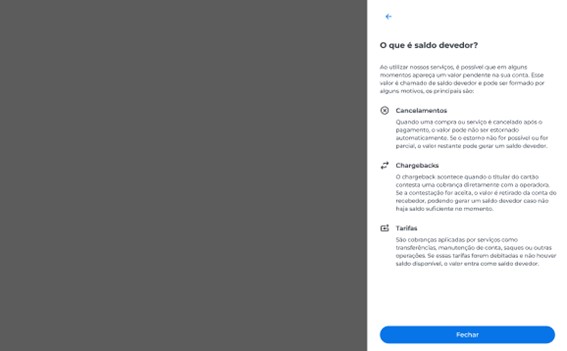 O que é saldo devedor?, detalhando que o saldo devedor pode surgir por cancelamentos, chargebacks e tarifas