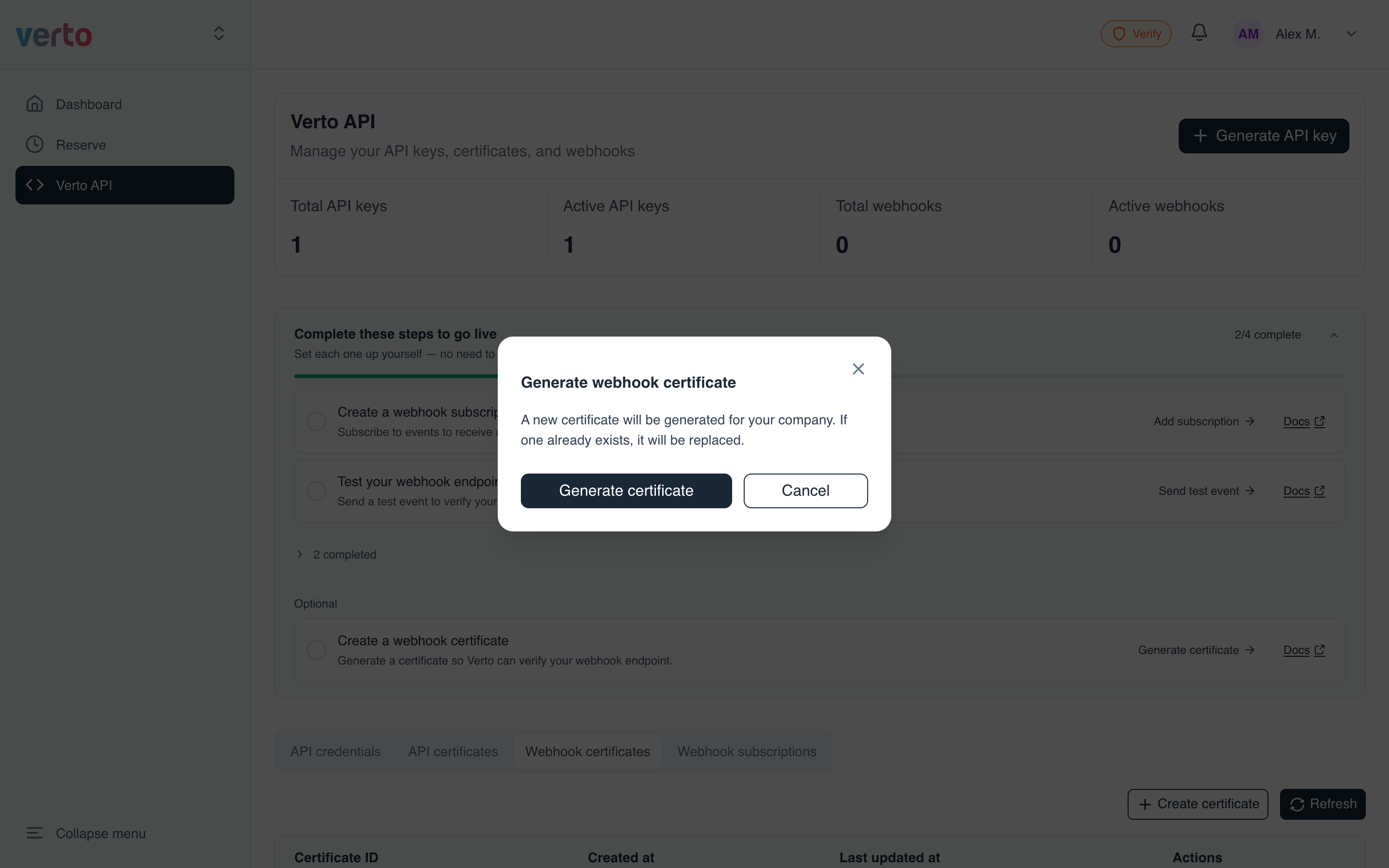 Generate webhook certificate confirmation
