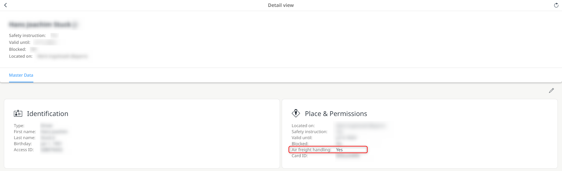 Display in the detailed view whether a driver is authorised for air freight handling