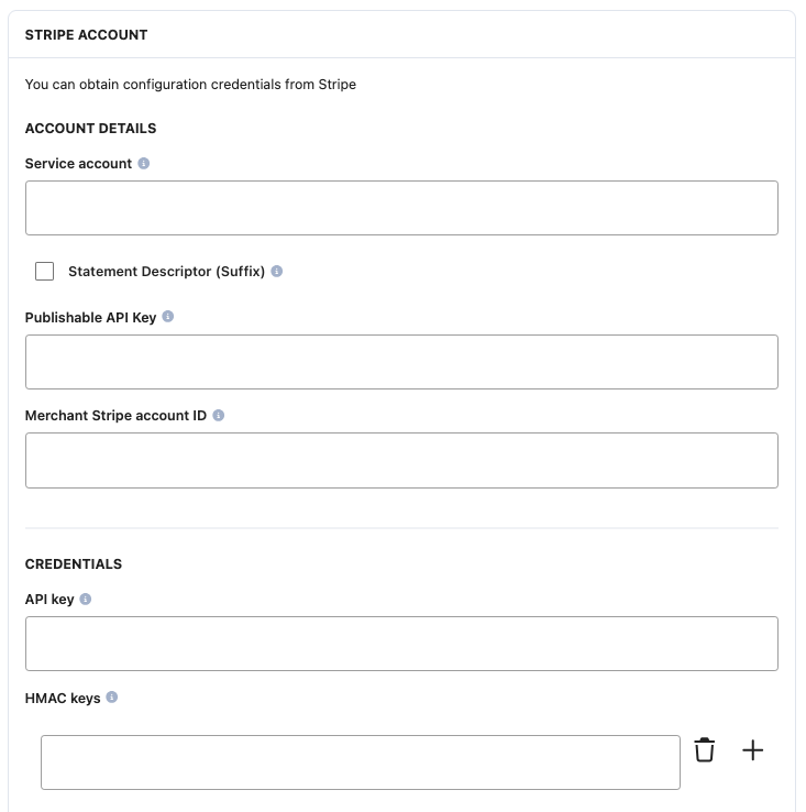 A screenshot showing the required Stripe account fields. 