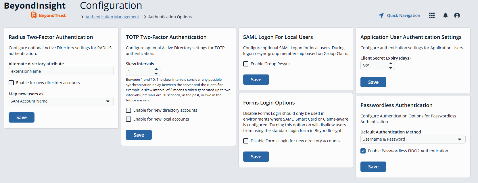 Authentication Options page