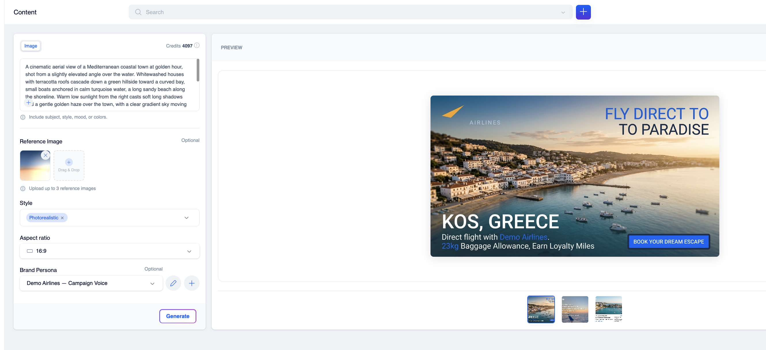 he AI Design Studio screen with a prompt box, reference image upload, style and aspect ratio selectors, Brand Persona field, and a preview area