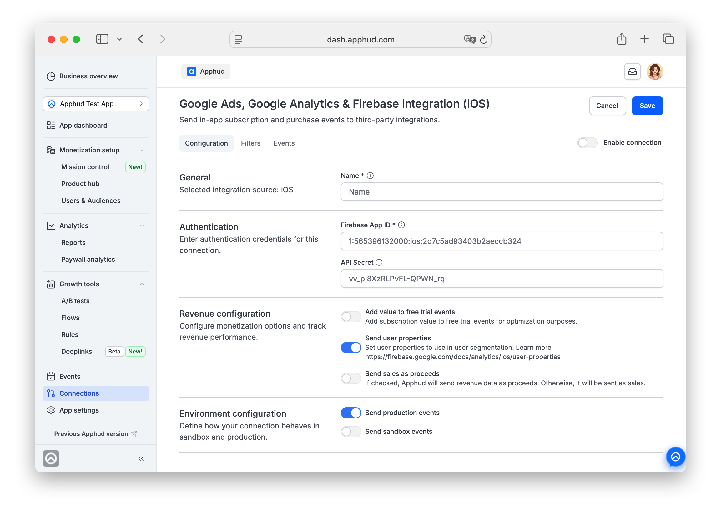 Apphud - Firebase App ID and Client API Secret