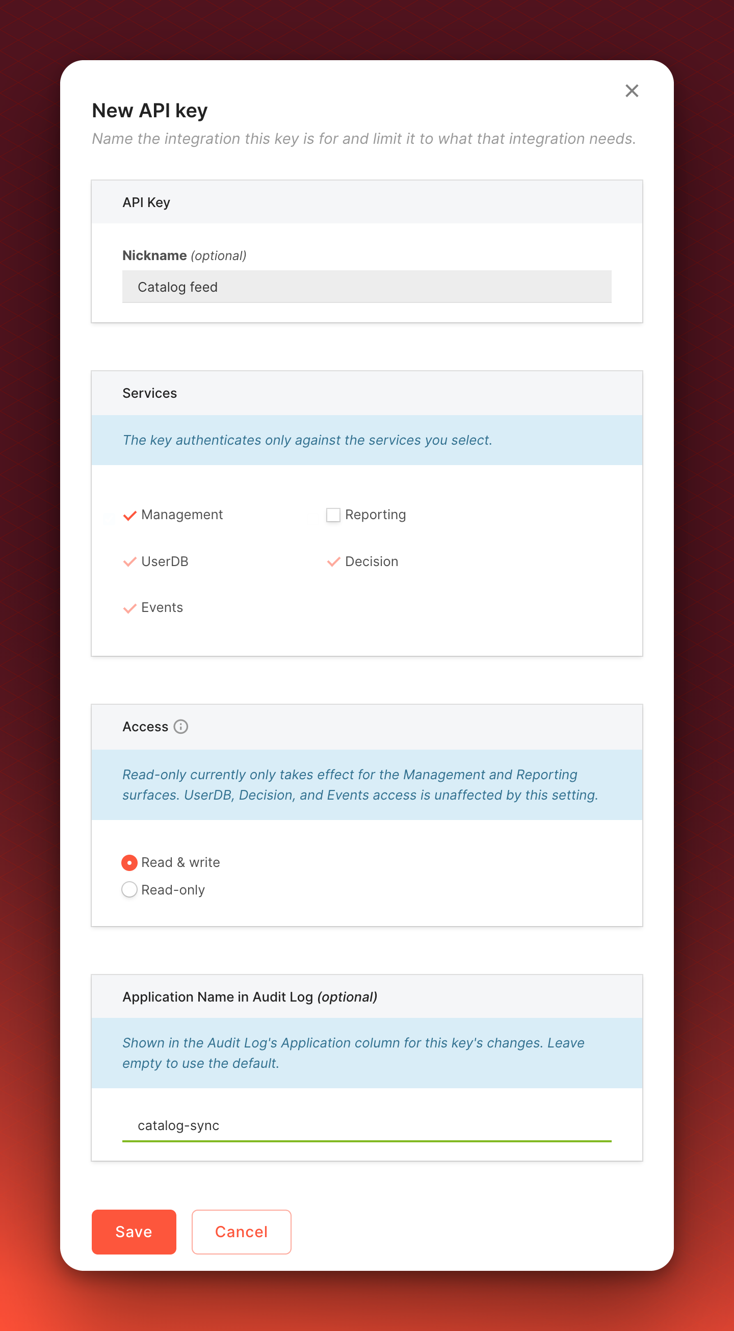 The New API key dialog, filled in for a key named Catalog feed. Management is selected, Reporting is not, UserDB, Decision and Events are selected and dimmed, Read & write is chosen, and the application name is catalog-sync.