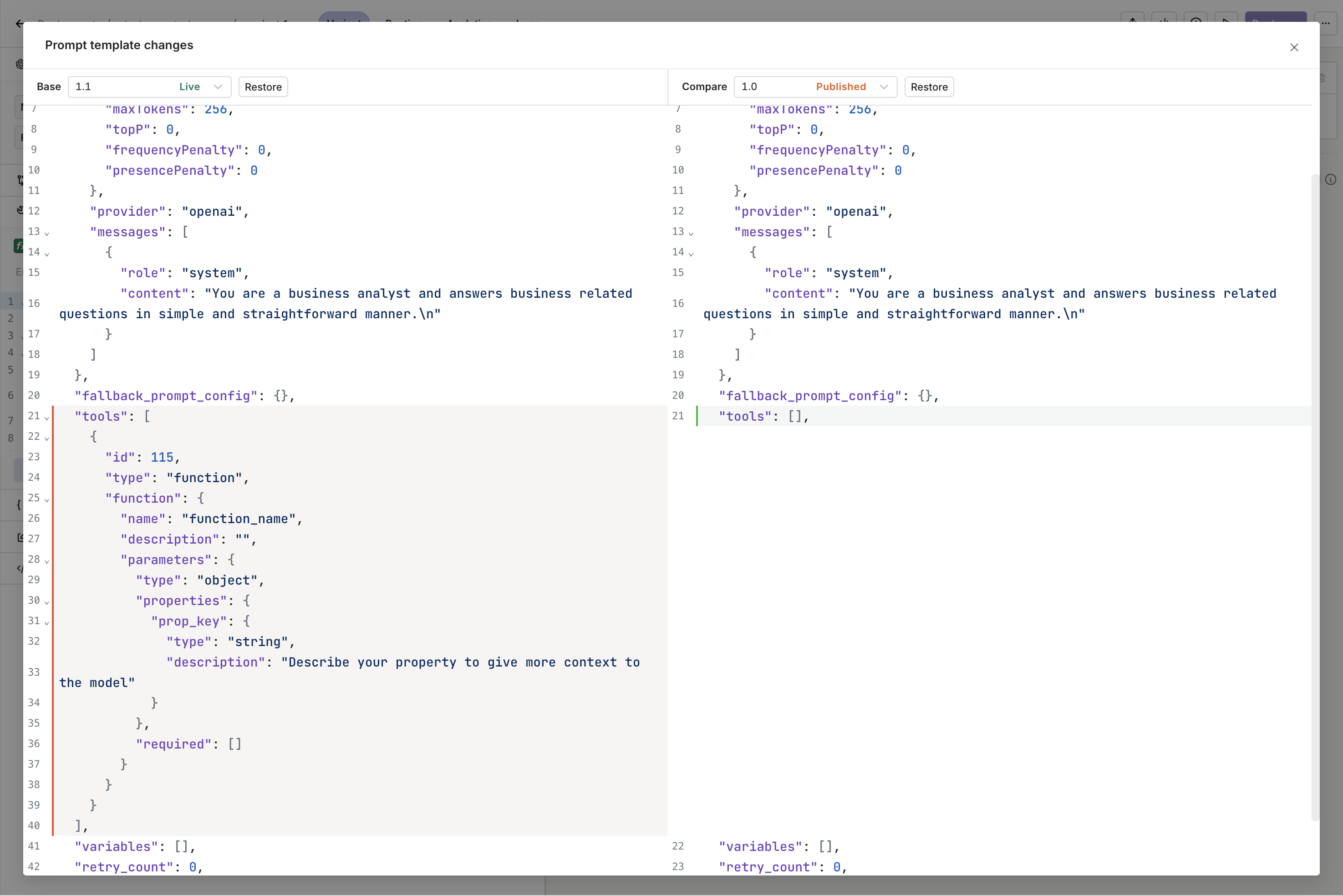 An example of side-by-side visualization of two versions of the same **Variant**.