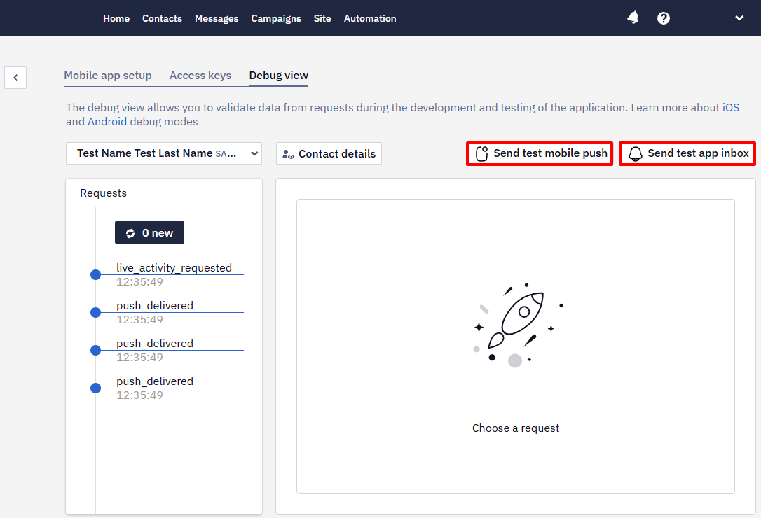 Debug view with the Send test Mobile Push and Send test App Inbox buttons highlighted.