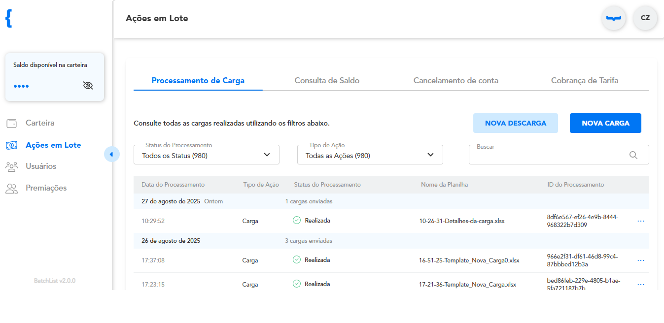 Menu Ações em Lote: Processamento de Carga