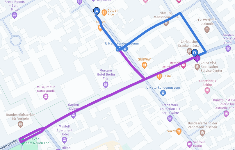 Route with sideOfStreetHint for destination on undivided road