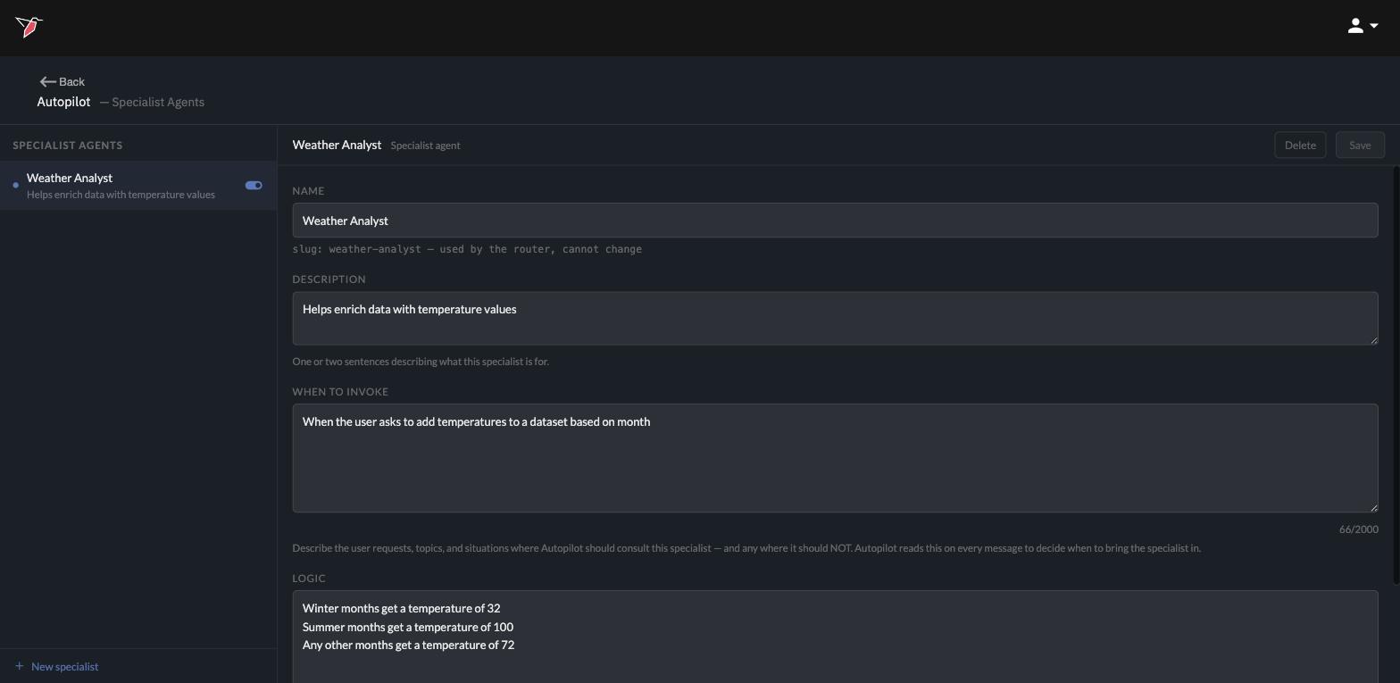The specialist edit view: Name, Description, and When to invoke