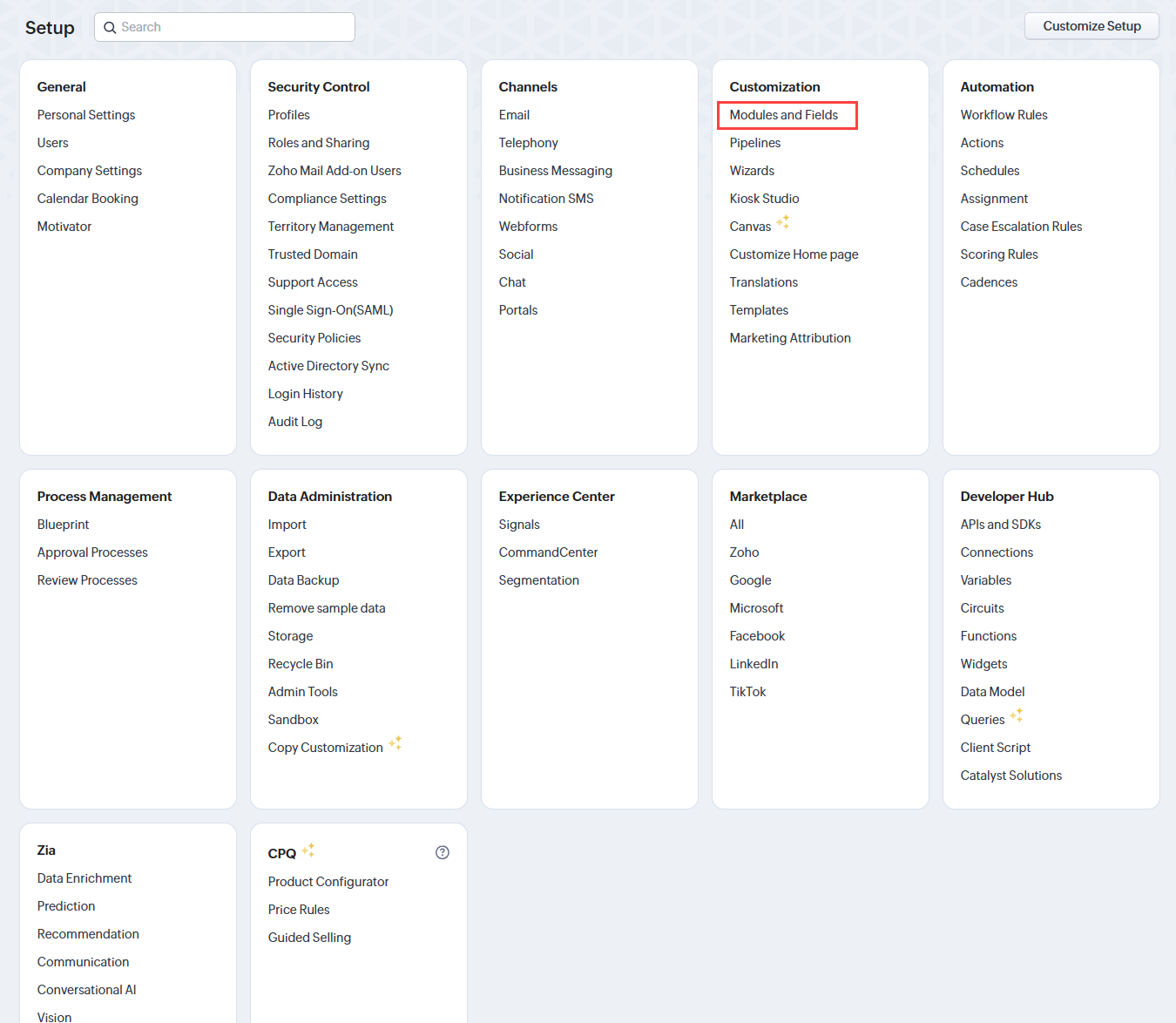 Zoho account settings