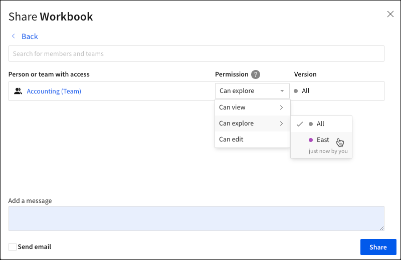 The share workbook modal, with the Can Explore permission highlighted to show the ALL tags option selected, and one other tag available to select.