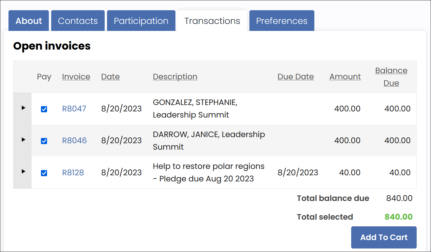 Open invoices on a contact's account page