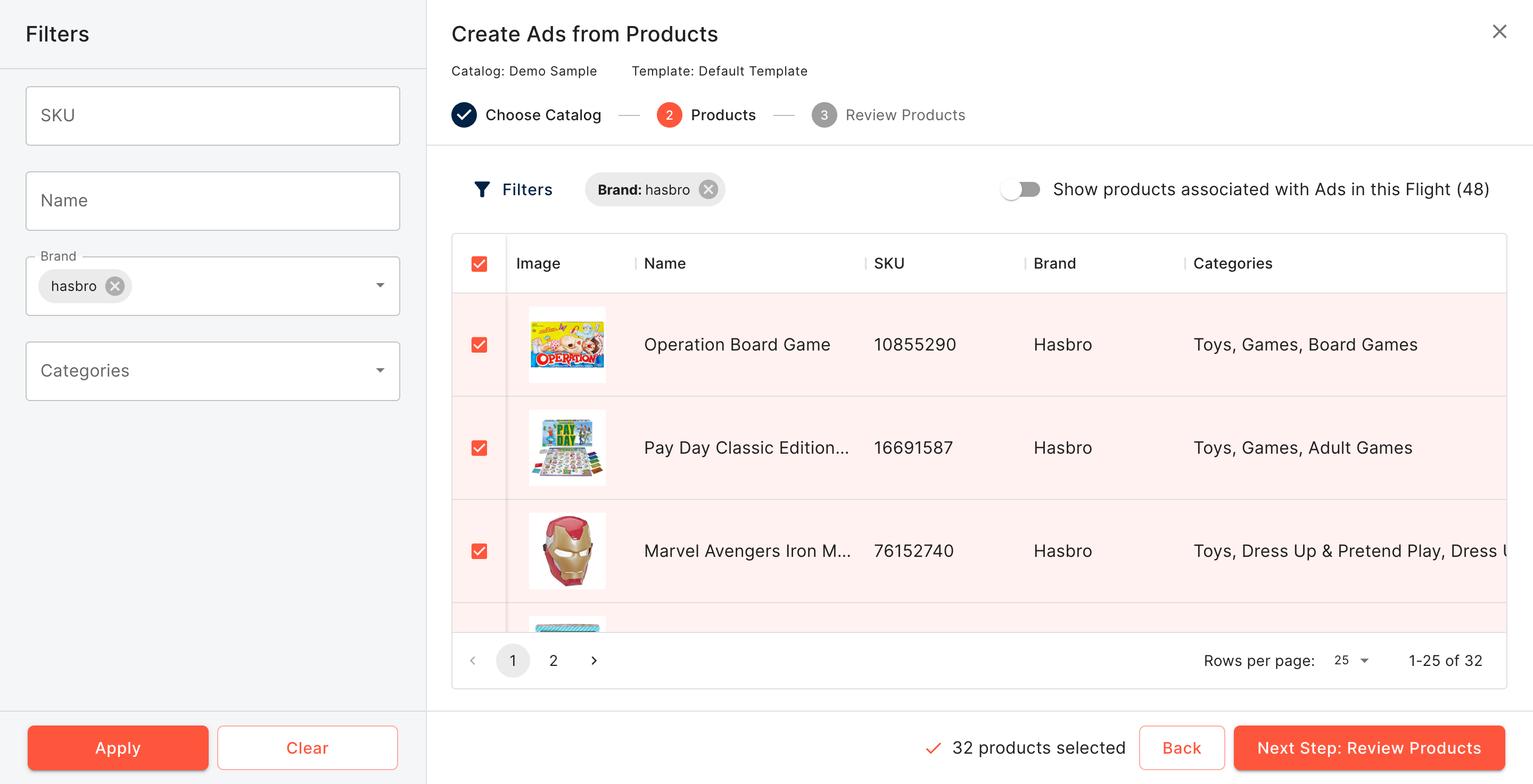 Example product selection interface from Kevel's Management UI powered by Catalog