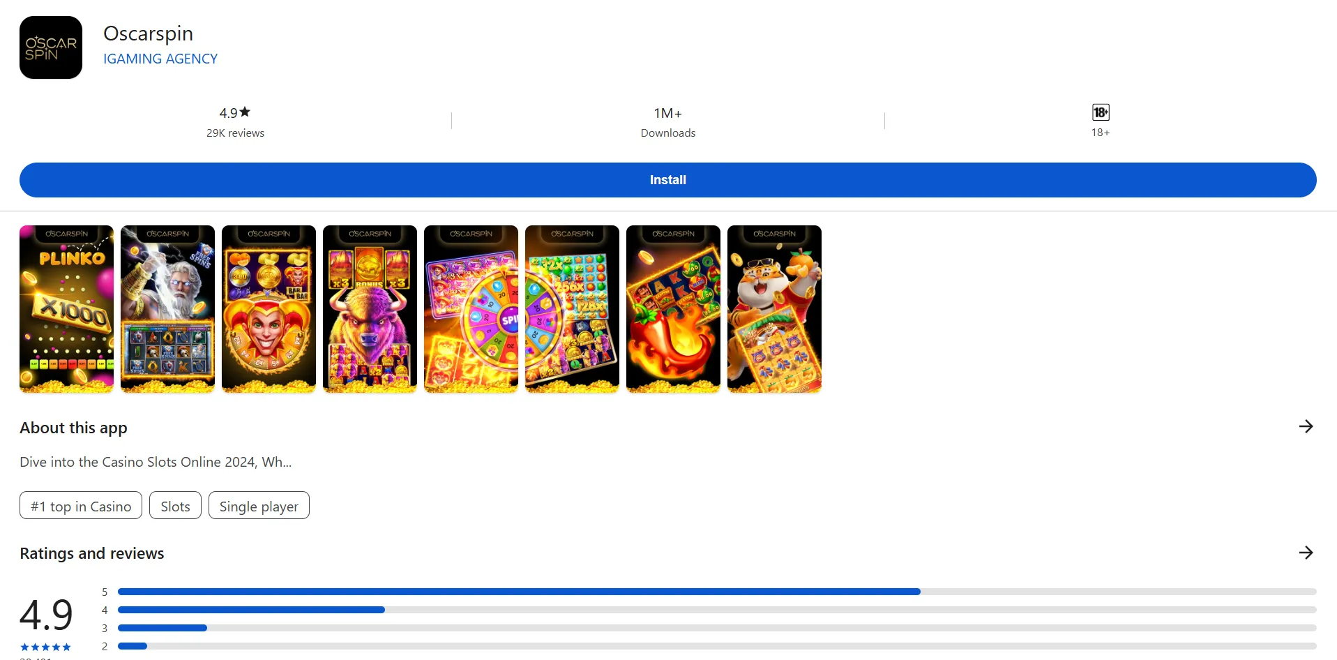 Oscarspin Casino app store page with top-rated slots, over 1M downloads, and 4.9-star rating from 29K+ reviews