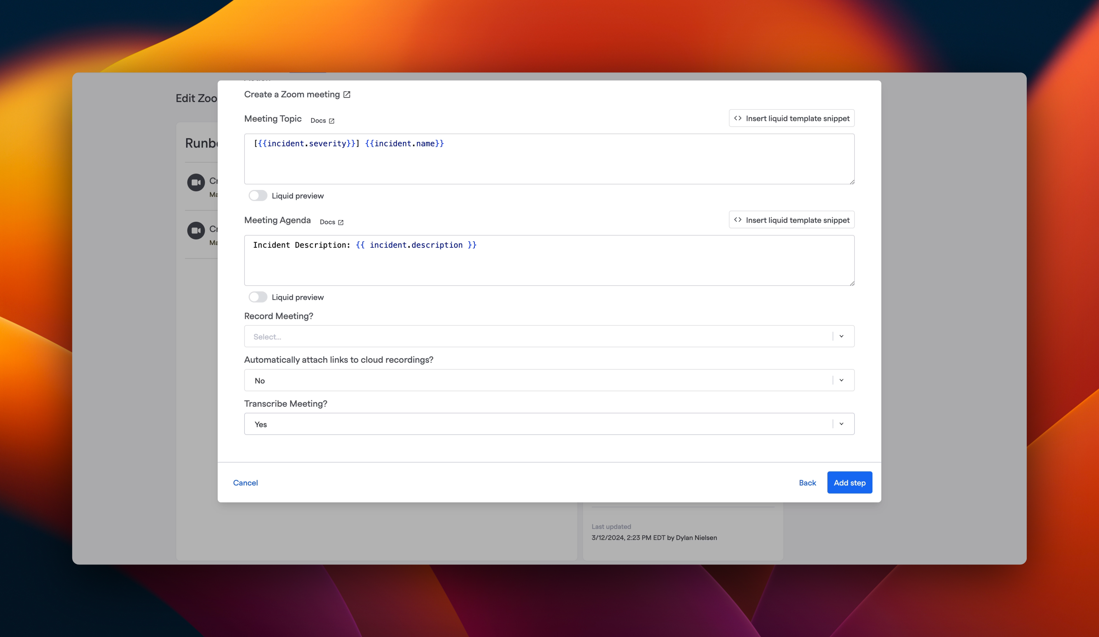 Example Zoom Runbook step with "Transcribe Meeting?" option