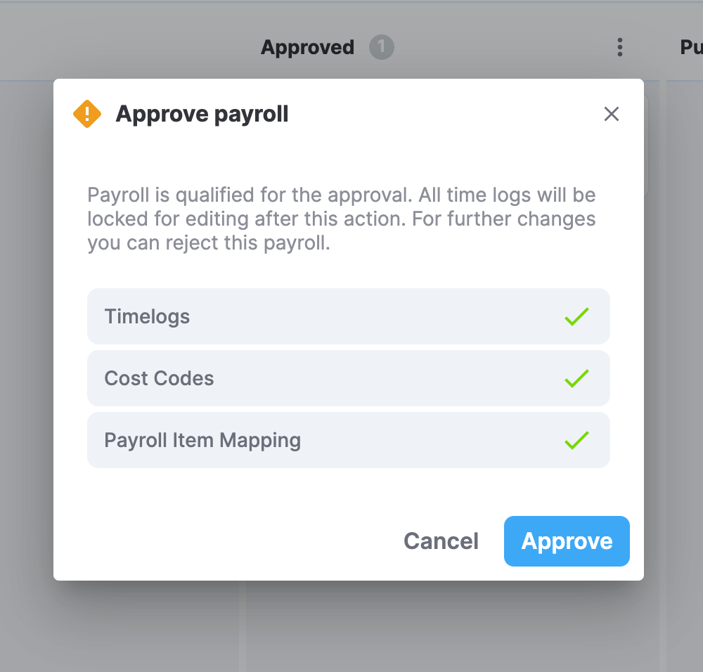 **Approve payroll** dialog box