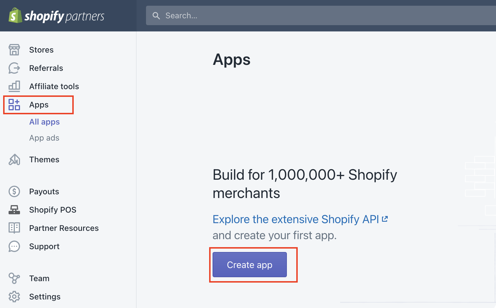 Shopify Partners - Create App.