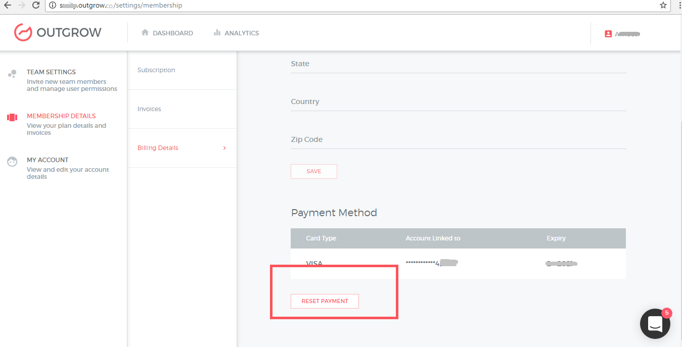 Click on reset payment to change Credit card details