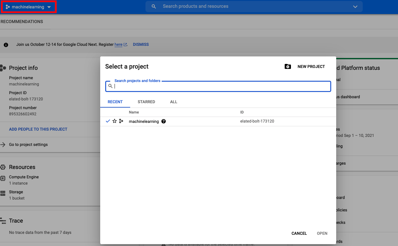 Google Cloud Picker to select the right project
