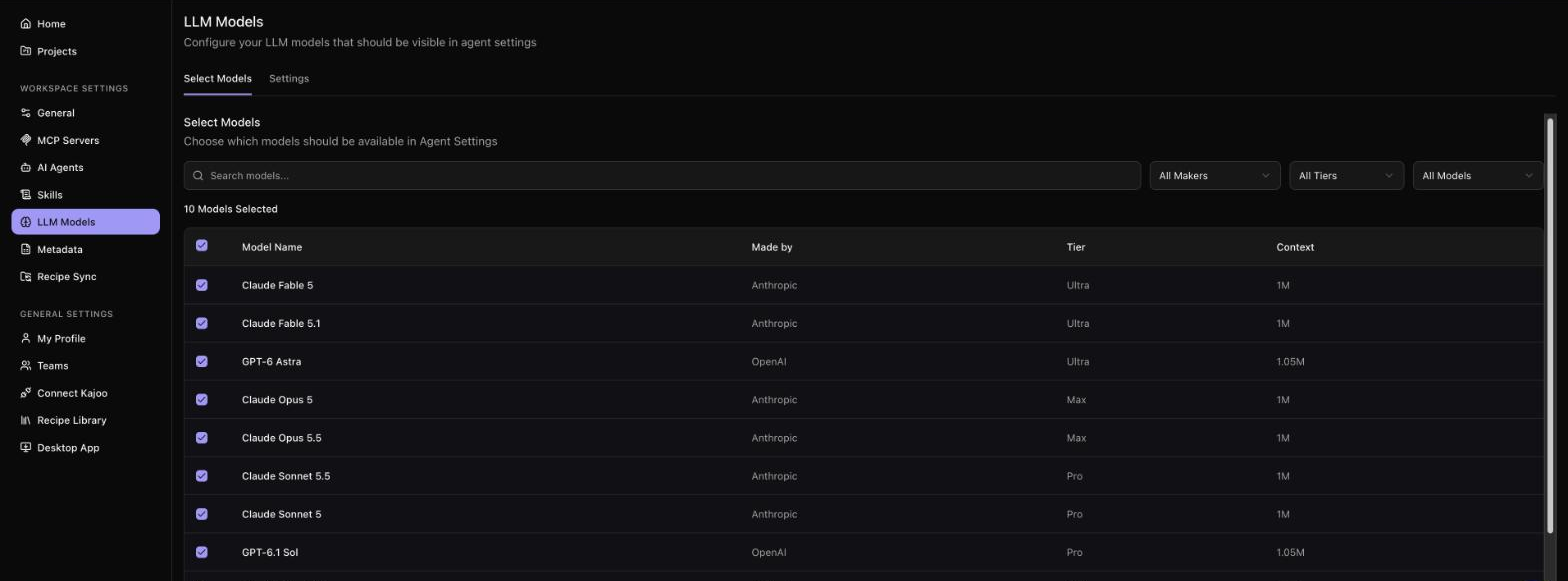 Workspace Settings, LLM Models, Select Models tab