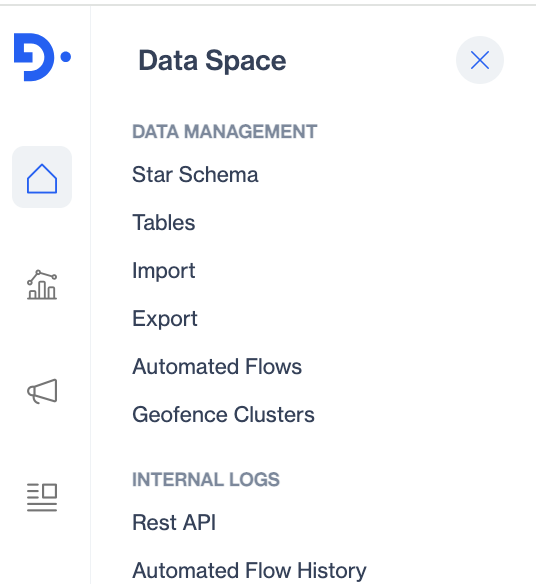 Dengage left navigation with the Data Space panel open. It lists Star Schema, Tables, Import, Export, Automated Flows and Geofence Clusters under Data Management, and Rest API and Automated Flow History under Internal Logs.