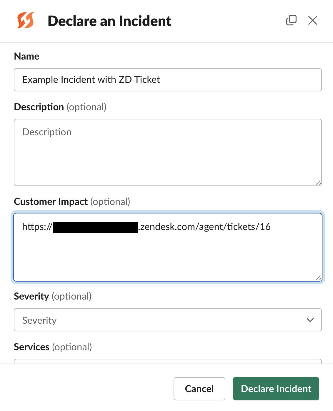 Inserting the ZD link into either **Description** or **Customer Impact** fields