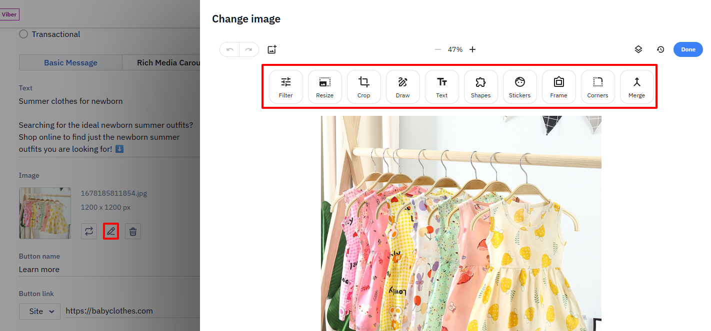 Change image editor with the editing toolbar highlighted, showing options like Filter, Resize, Crop, and Text.