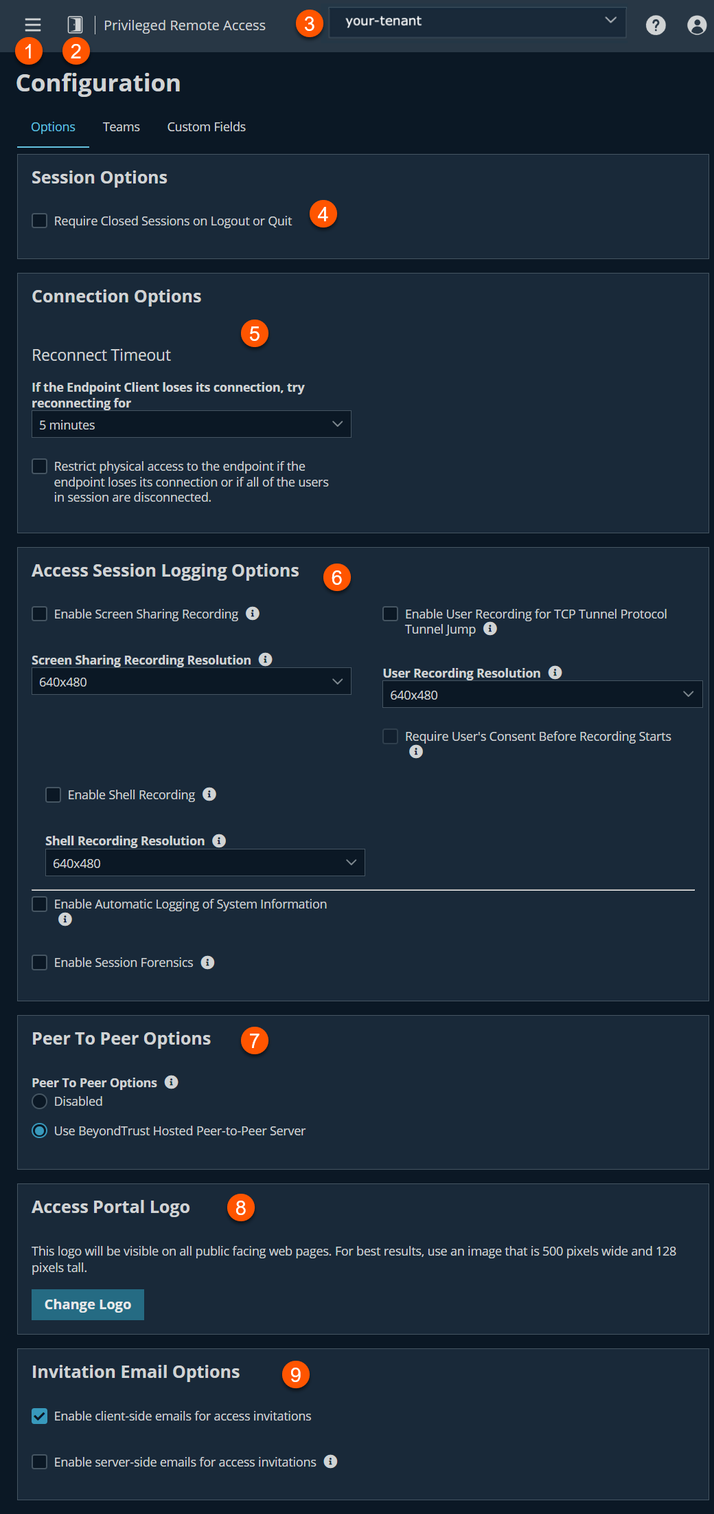 Configuration settings for Privileged Remote Access, showing options for session, connection, access session logging, peer to peer, access portal logo, and invitation email.