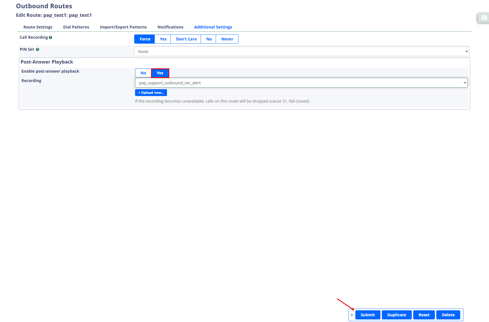 Screenshot of the Enable post-answer playback option set to Yes
