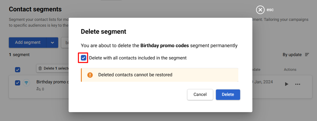 Delete with all contacts included in the segment