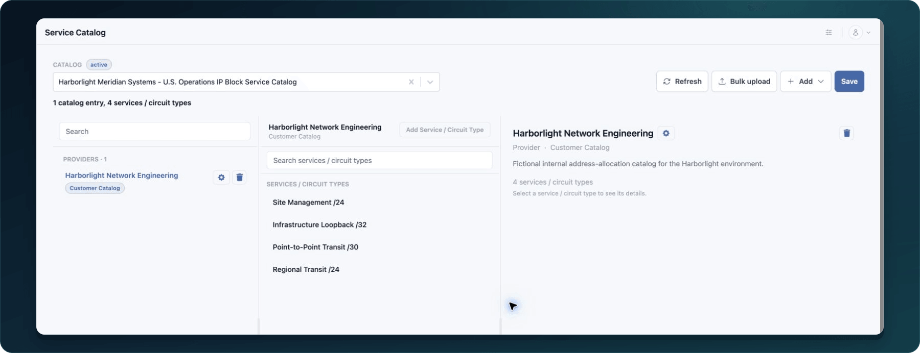 Service Catalog workspace showing an example catalog, provider hierarchy, services, search, refresh, and add actions.