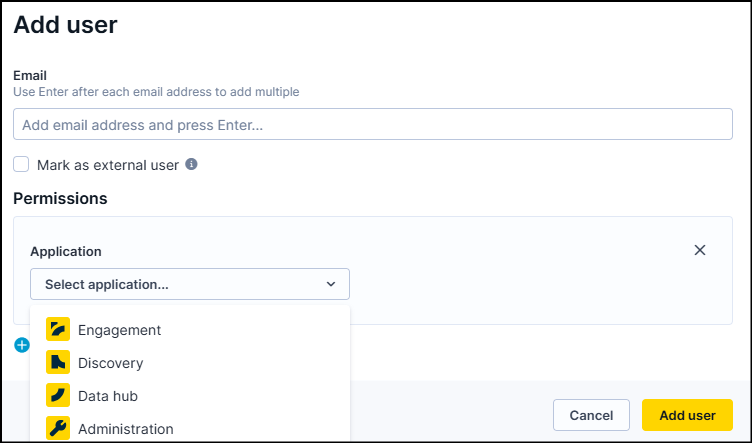 User addition dialog showing application selection with options for Engagement, Discovery, Data hub, and Administration