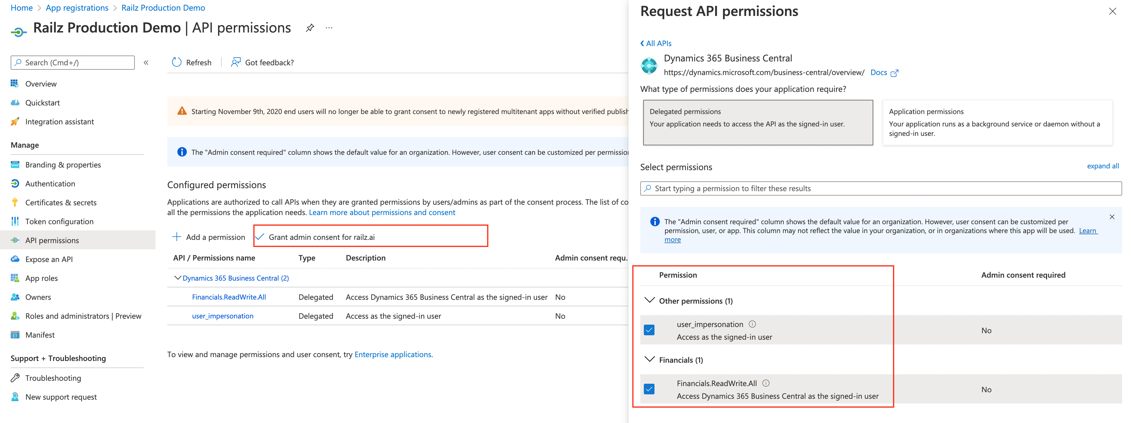 Azure Active Directory - API permissions. Click to Expand.