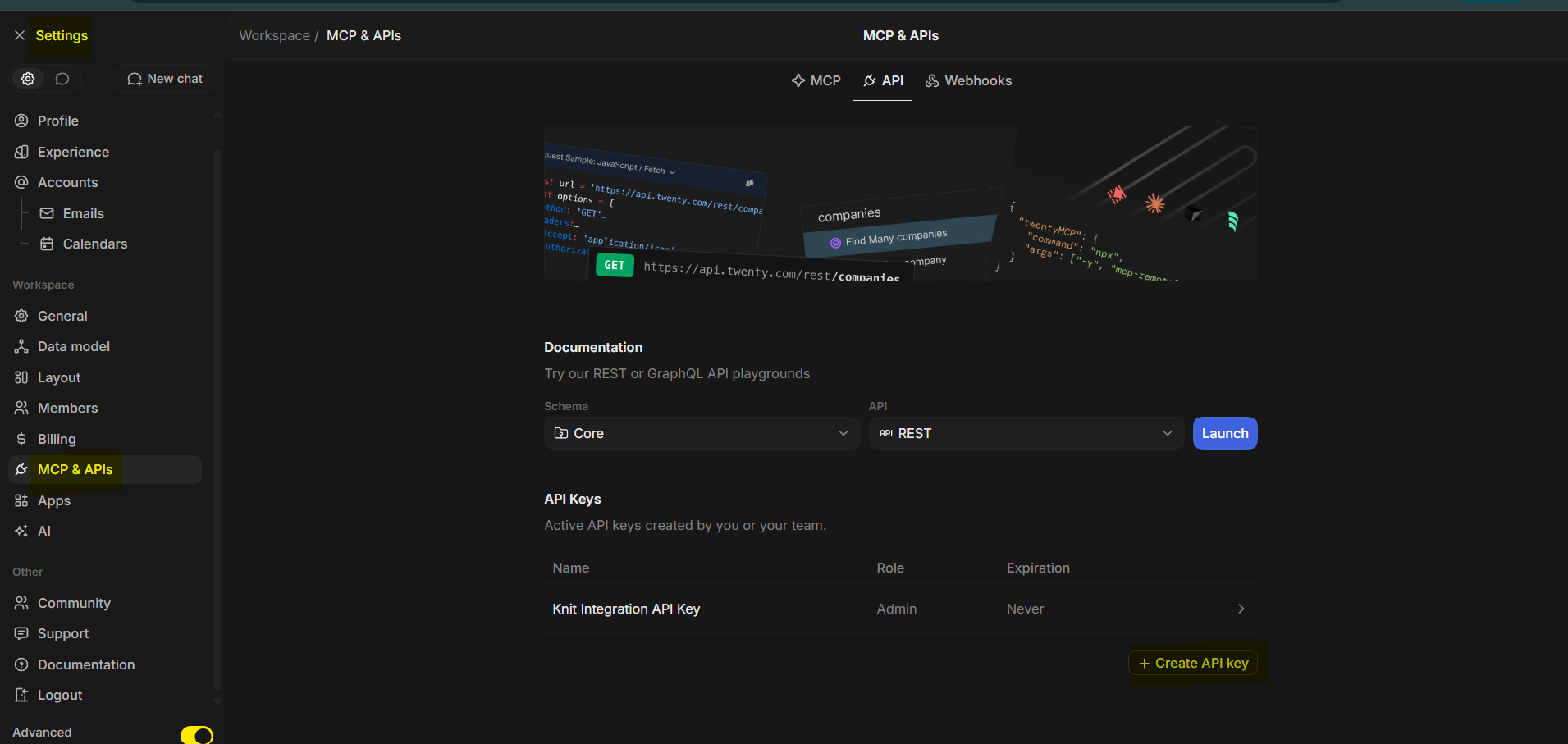 API Key Creation Screen