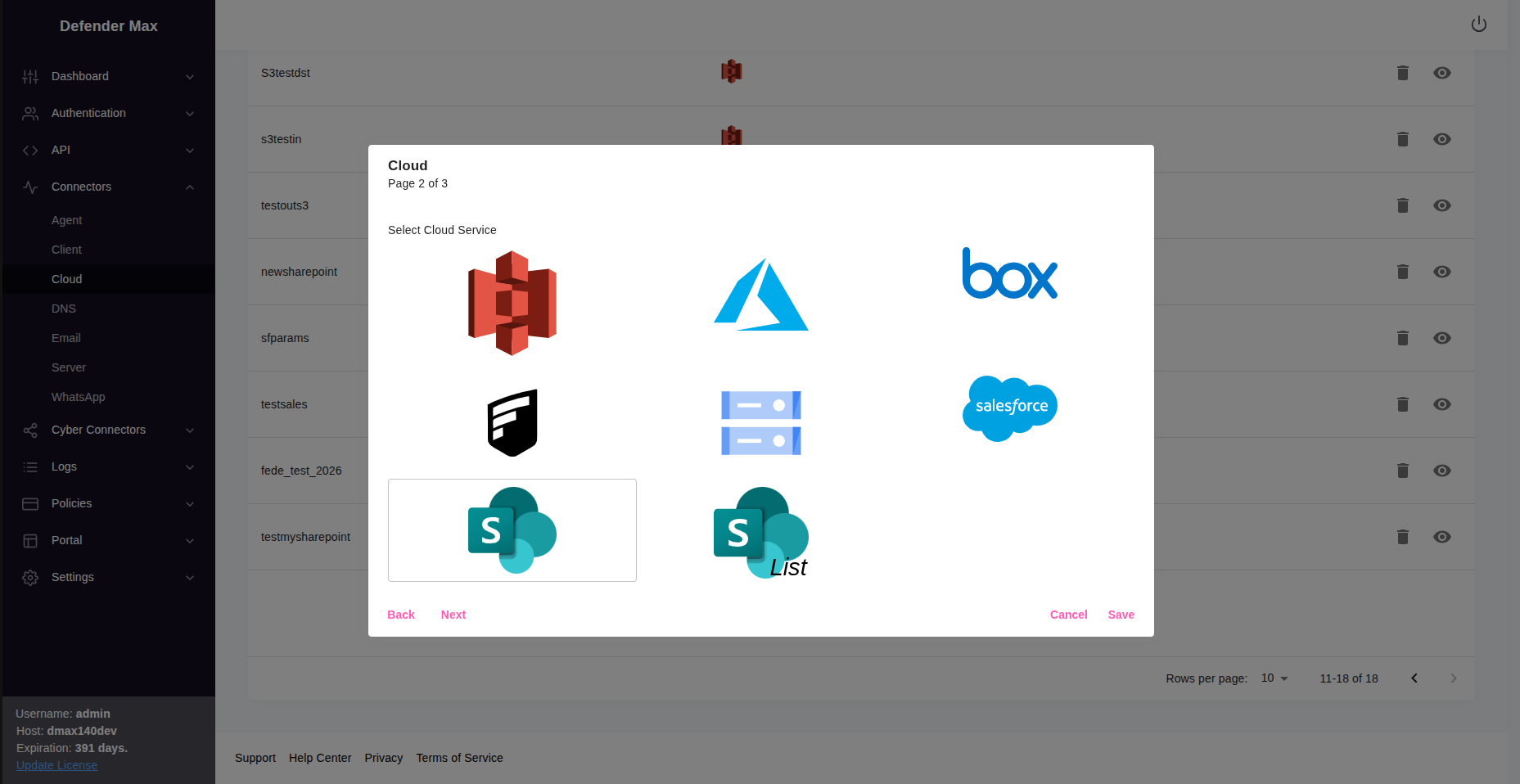 Connector type selection with SharePoint option