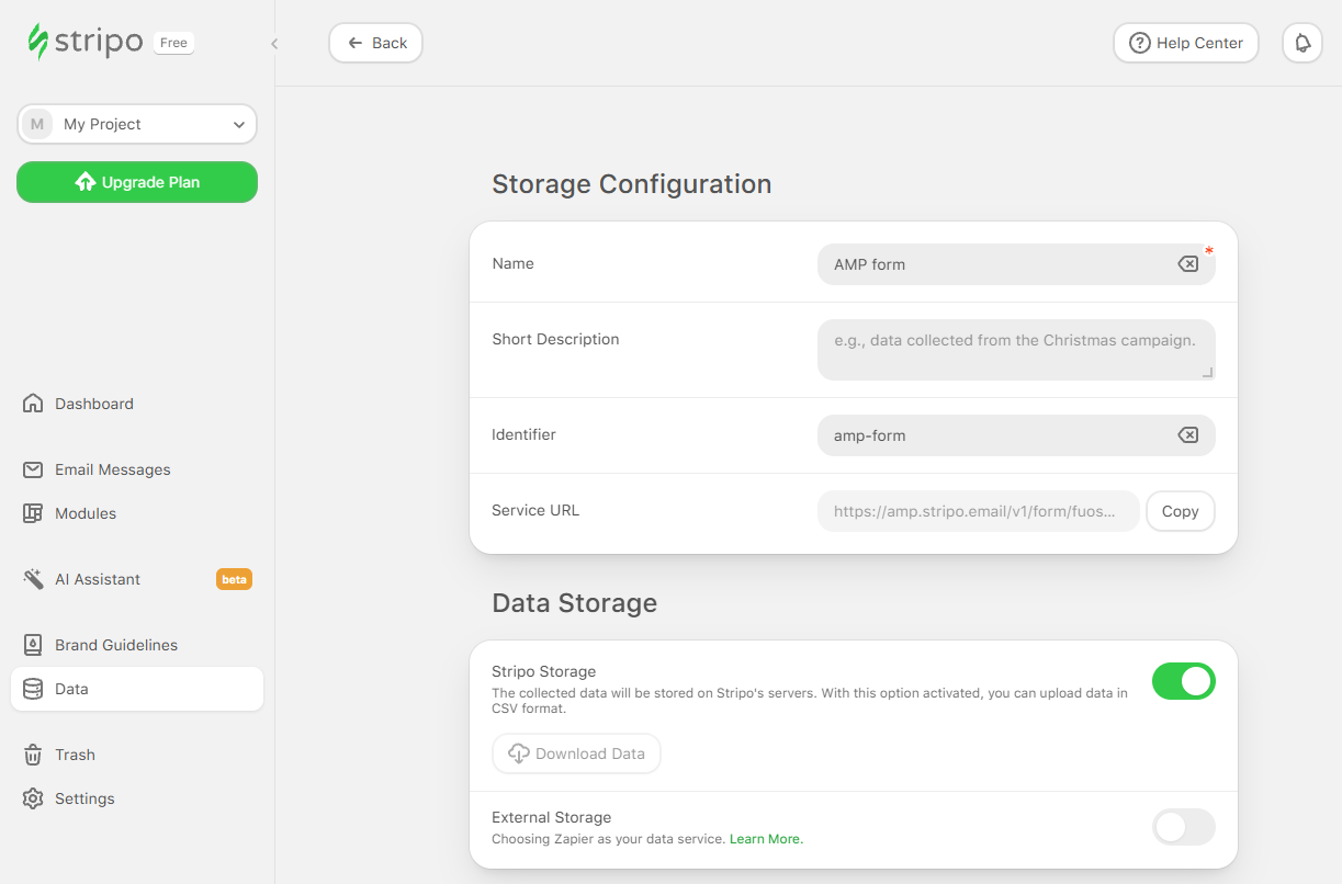Stripo Storage Configuration page with the Name, Short Description, Identifier, and Service URL fields and the Stripo Storage toggle on