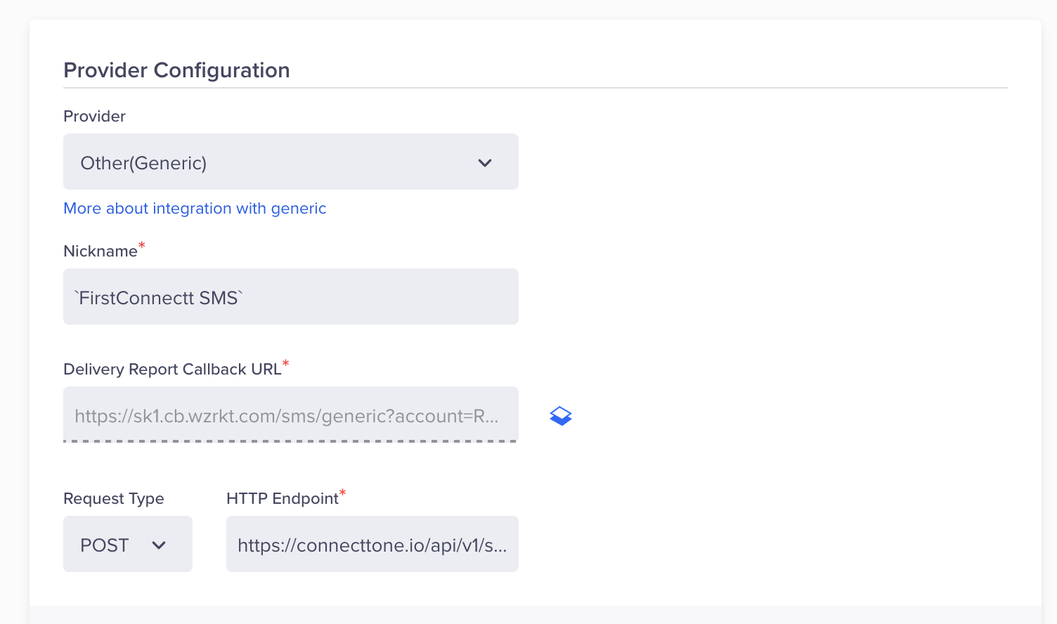 The provider configuration section in the SMS Channel section